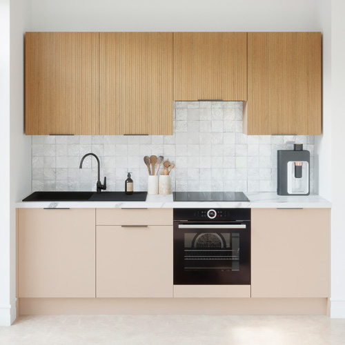 Ensemble de 8 meubles de cuisine - L. 245 cm - beige cachemire et chêne clair cannelé - Luzia Signature
