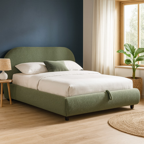Lit coffre 140x190 cm avec tête de lit matelassée en tissu bouclé vert kaki - Madisson