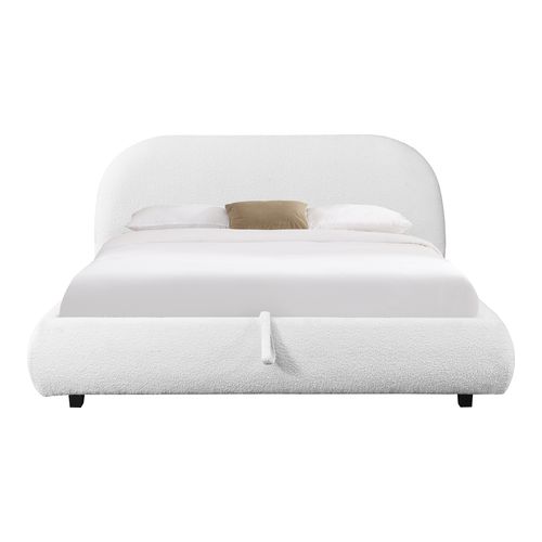 Lit coffre 140x190 cm avec tête de lit matelassée en tissu bouclé beige - Madisson