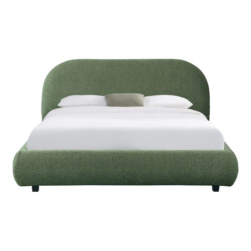 Lit adulte 140x190 cm avec sommier et tête de lit matelassée en tissu bouclé vert kaki - Maddie