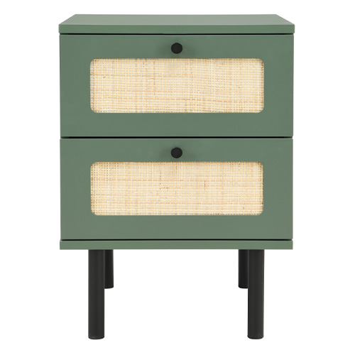 Table de chevet 2 tiroirs en cannage vert - Luma