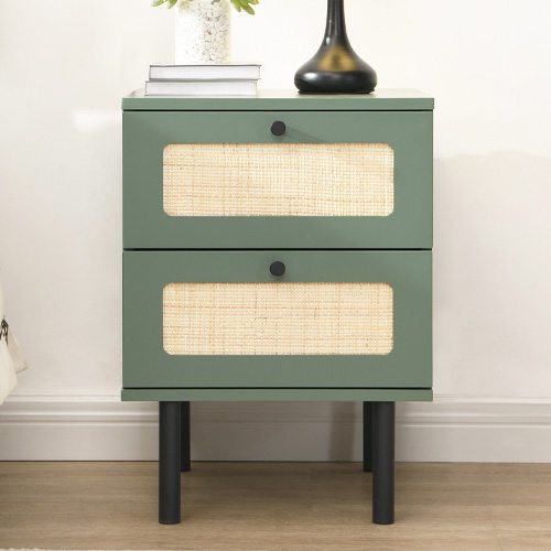 Table de chevet 2 tiroirs en cannage vert - Luma