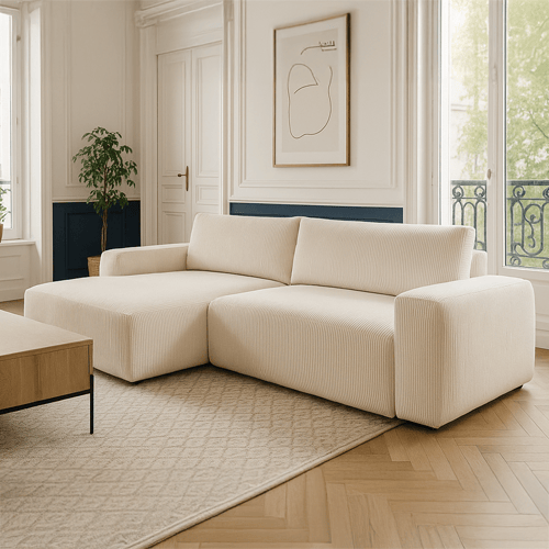 Canapé d'angle gauche convertible 3 places en velours côtelé beige - Sonny