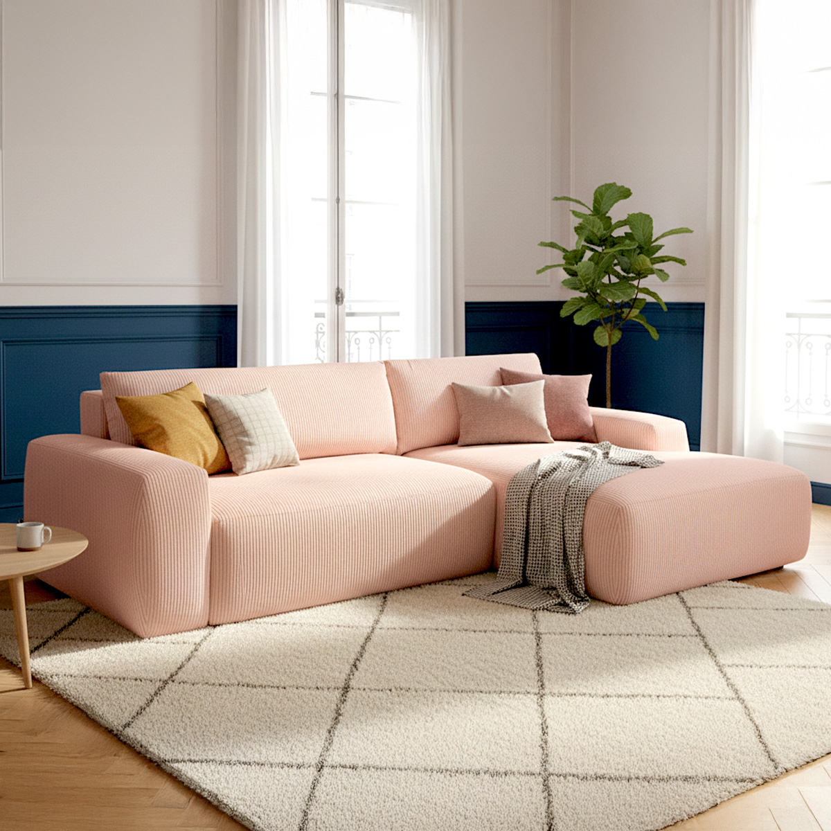 Canapé d'angle droit convertible 3 places en velours côtelé rose pâle - Sonny