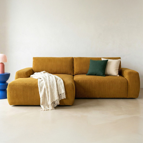Canapé d'angle gauche convertible 3 places en velours côtelé jaune moutarde - Sonny