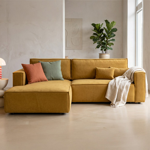 Canapé d'angle ouvert à gauche convertible 3 places en tissu chenille jaune moutarde - Emma