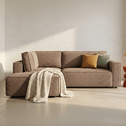 Canapé d'angle ouvert à gauche convertible 3 places en tissu bouclé rose poudré - Emma