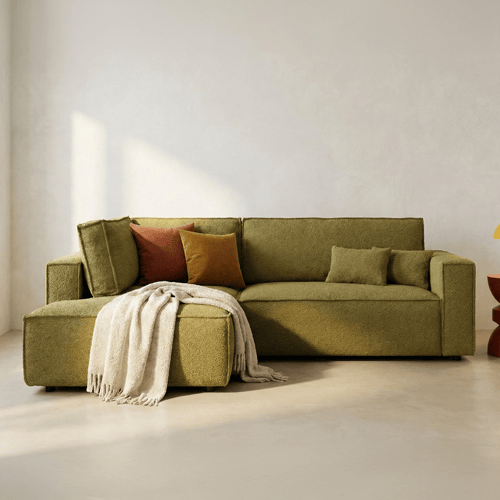 Canapé d'angle ouvert à gauche convertible 3 places en tissu bouclé jaune moutarde - Emma