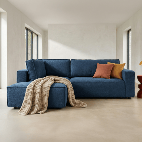 Canapé d'angle ouvert à gauche convertible 3 places en tissu bouclé bleu foncé - Emma