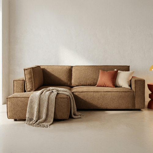 Canapé d'angle ouvert à gauche convertible 3 places en tissu bouclé rouille - Emma