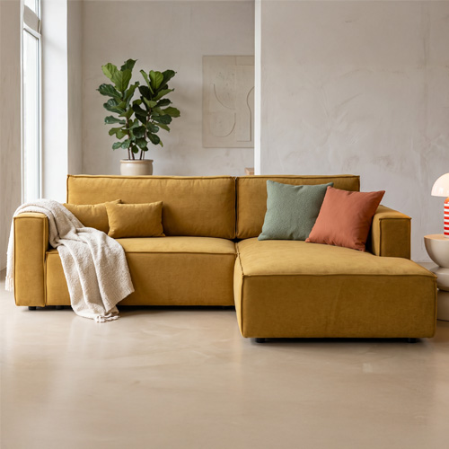 Canapé d'angle ouvert à droite convertible 3 places en tissu chenille jaune moutarde - Emma