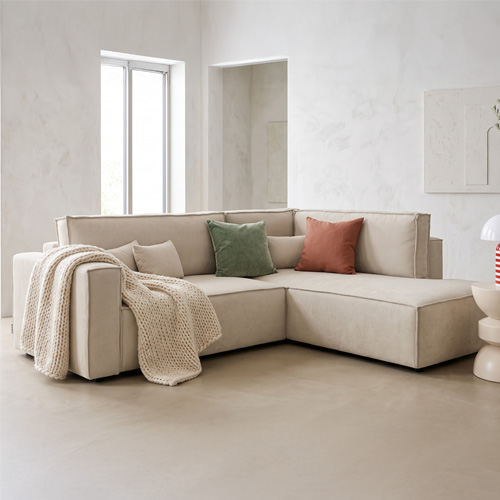 Canapé d'angle ouvert à droite convertible 3 places en tissu chenille beige foncé - Emma