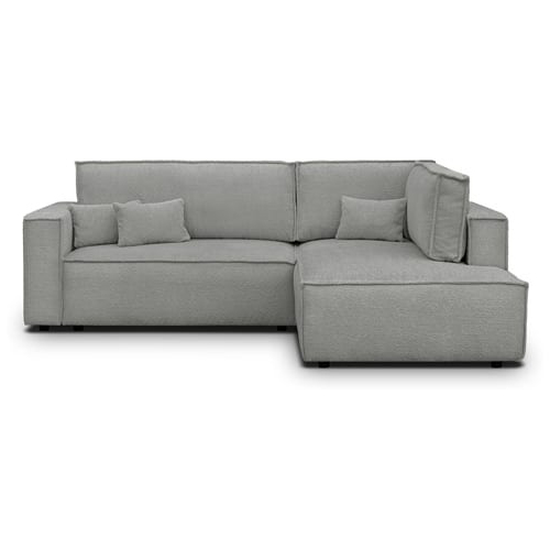 Canapé d'angle ouvert à droite convertible 3 places en tissu bouclé gris clair - Emma