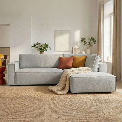 Canapé d'angle ouvert à droite convertible 3 places en tissu bouclé gris clair - Emma