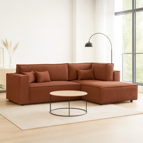 Canapé d'angle ouvert à droite convertible 3 places en velours côtelé rouille - Emma