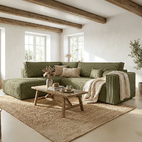 Canapé d'angle ouvert à gauche convertible 3 places en velours côtelé vert kaki - Emma