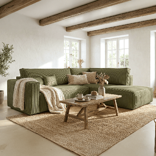 Canapé d'angle ouvert à droite convertible 3 places en velours côtelé vert kaki - Emma