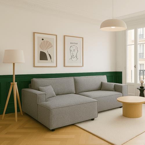 Canapé d'angle à gauche convertible 3 places en tissu bouclé gris clair - Asti