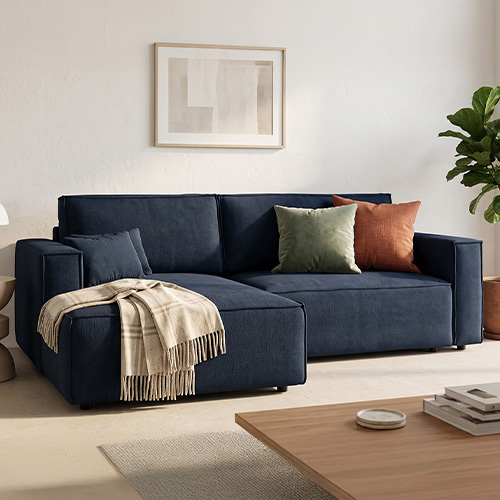 Canapé d'angle à gauche convertible 3 places en tissu chenille bleu foncé - Asti