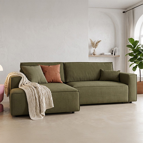 Canapé d'angle à gauche convertible 3 places en tissu chenille vert kaki - Asti