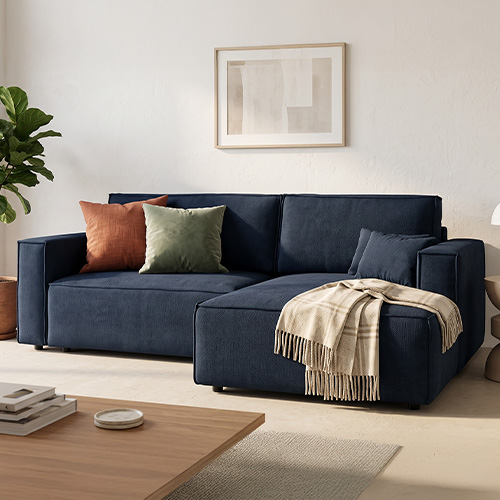Canapé d'angle à droite convertible 3 places en tissu chenille bleu foncé - Asti