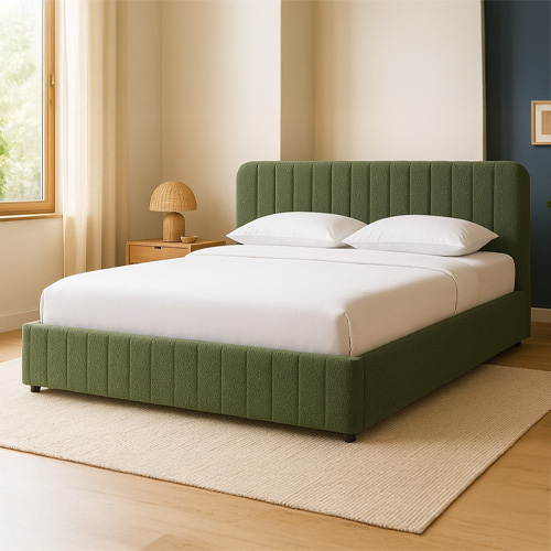 Ensemble Lit coffre adulte 180x200cm avec tête de lit en tissu bouclé vert - Ava + Matelas mémoire de forme - Memo HR