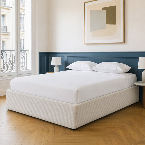 Ensemble Lit coffre adulte 160x200cm en velours côtelé beige avec sommier - Handy + Matelas mémoire de forme - Memo HR