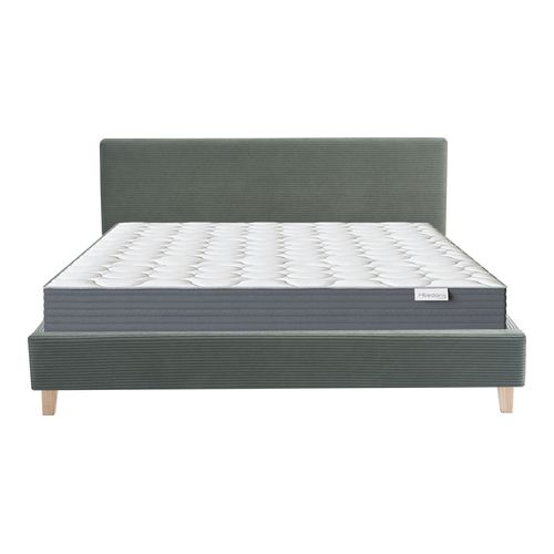 Ensemble Lit adulte 140x190cm avec tête de lit en velours côtelé vert kaki - Milo + Matelas mémoire de forme - Memo HR