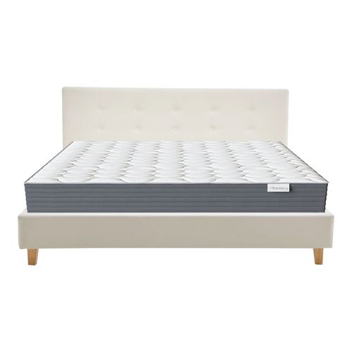 Ensemble Lit adulte 160x200cm avec tête de lit en velours beige - Milo + Matelas mémoire de forme - Memo HR