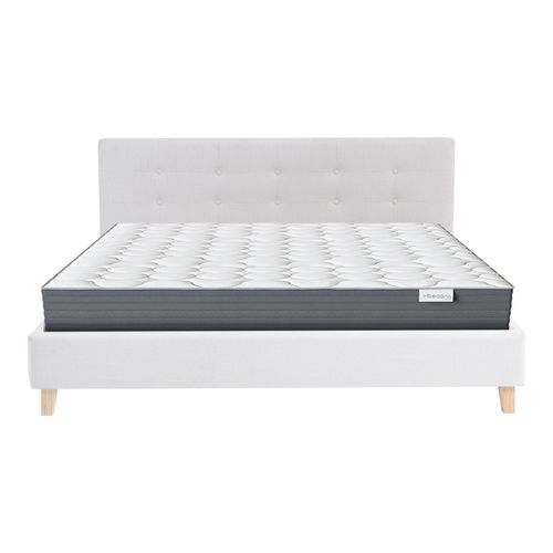 Ensemble Lit adulte 160x200cm avec tête de lit en tissu beige - Milo + Matelas mémoire de forme - Memo HR