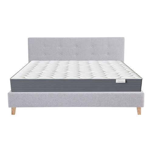 Ensemble Lit adulte 160x200cm avec tête de lit en tissu gris chiné - Milo + Matelas mémoire de forme - Memo HR