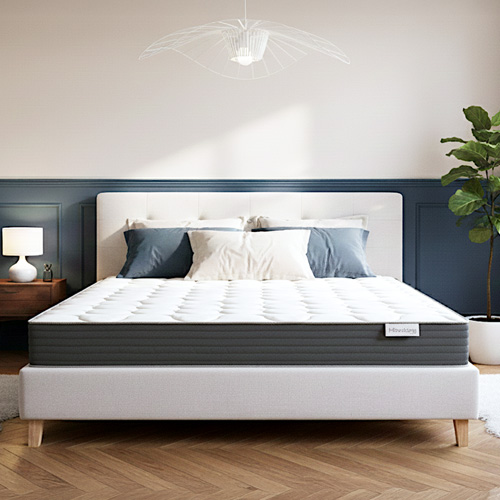 Ensemble Lit adulte 180x200cm avec tête de lit en tissu beige - Milo + Matelas mémoire de forme - Memo HR