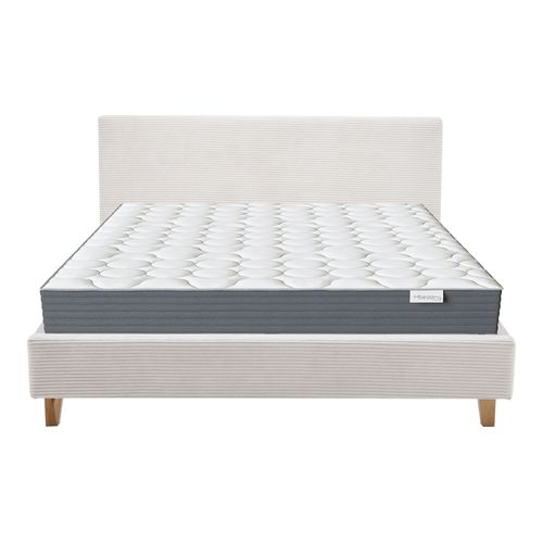 Ensemble Lit adulte 180x200cm avec tête de lit en velours côtelé beige - Milo + Matelas mémoire de forme - Memo HR