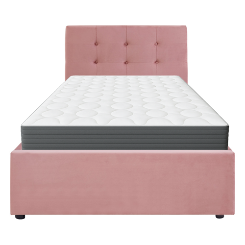Ensemble Lit coffre adulte 90x190cm avec tête de lit en velours rose - Tina + Matelas mémoire de forme - Memo HR