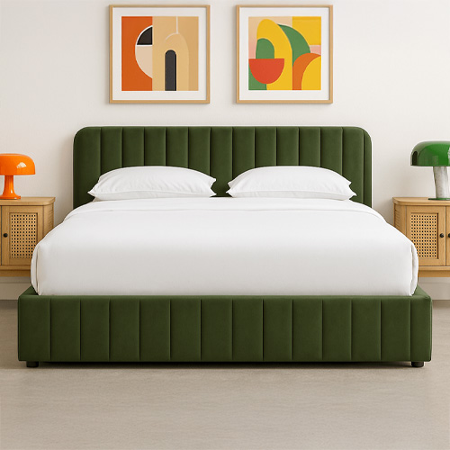 Ensemble Lit coffre adulte 140x190cm avec tête de lit en velours vert kaki - Ava + Matelas ressorts ensachés - Spring Elite