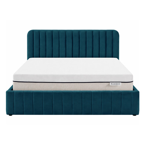 Ensemble Lit coffre adulte 140x190cm avec tête de lit en velours bleu - Ava + Matelas ressorts ensachés - Spring Elite