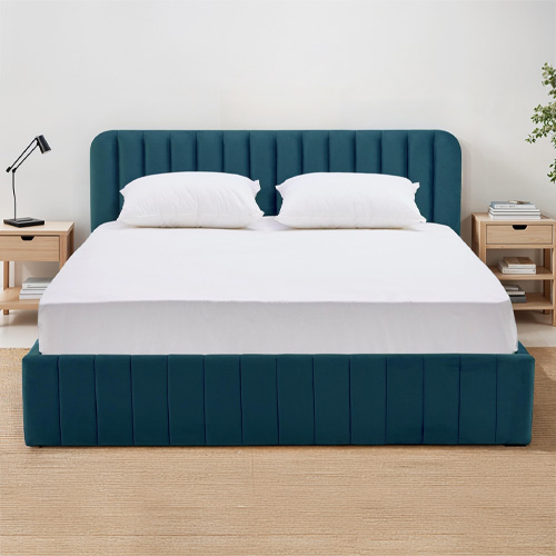 Ensemble Lit coffre adulte 140x190cm avec tête de lit en velours bleu - Ava + Matelas ressorts ensachés - Spring Elite