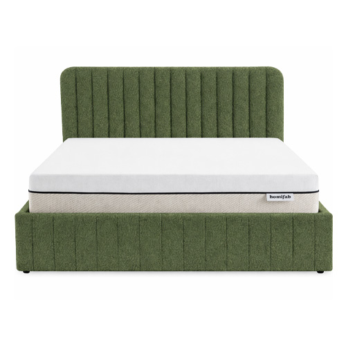 Ensemble Lit coffre adulte 160x200cm avec tête de lit en tissu bouclé vert - Ava + Matelas ressorts ensachés - Spring Elite