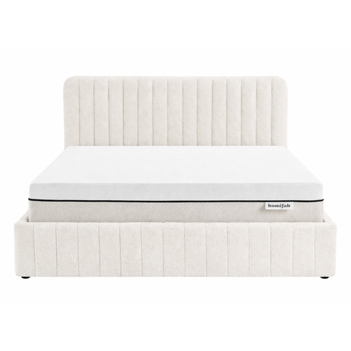 Ensemble Lit coffre adulte 180x200cm avec tête de lit en tissu bouclé beige - Ava + Matelas ressorts ensachés - Spring Elite