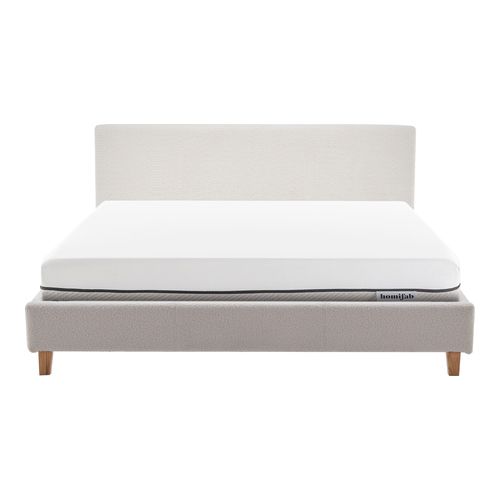 Ensemble Lit adulte 140x190cm avec tête de lit en tissu bouclé beige - Milo + Matelas ressorts ensachés - Spring Elite
