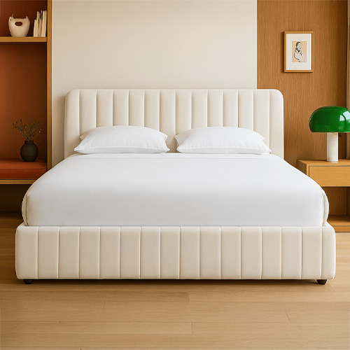 Ensemble Lit coffre adulte 140x190cm avec tête de lit en velours beige - Ava + Matelas mémoire de forme - Dual Confort