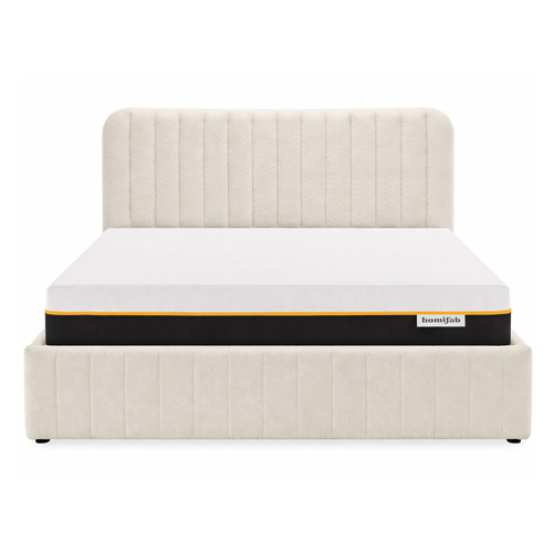 Ensemble Lit coffre adulte 140x190cm avec tête de lit en tissu bouclé beige - Ava + Matelas mémoire de forme - Dual Confort