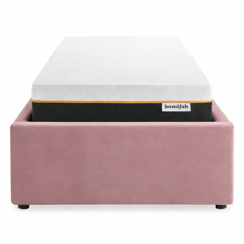 Ensemble Lit coffre adulte 90x190cm en velours rose avec sommier - Handy + Matelas mémoire de forme - Dual Confort