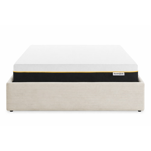 Ensemble Lit coffre adulte 160x200cm en velours côtelé beige avec sommier - Handy + Matelas mémoire de forme - Dual Confort