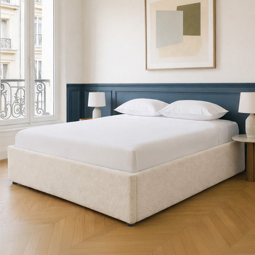 Ensemble Lit coffre adulte 160x200cm en tissu bouclé beige avec sommier - Handy + Matelas mémoire de forme - Dual Confort