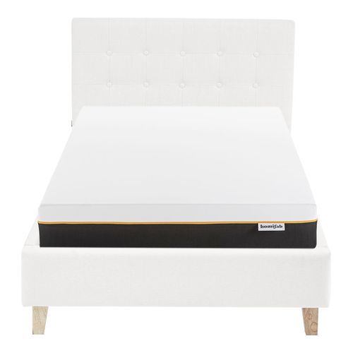 Ensemble Lit adulte 90x190cm avec tête de lit en tissu beige - Milo + Matelas mémoire de forme - Dual Confort