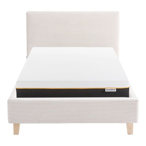 Ensemble Lit adulte 90x190cm avec tête de lit en velours côtelé beige - Milo + Matelas mémoire de forme - Dual Confort