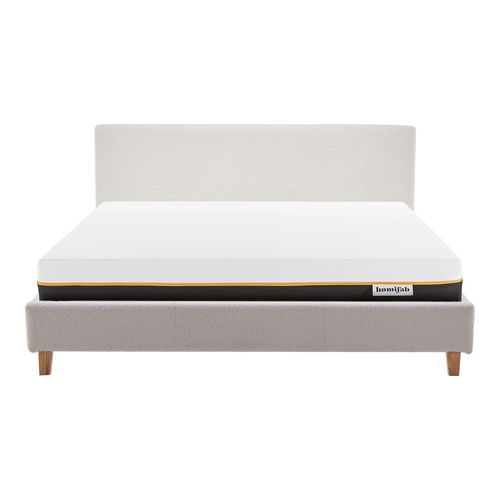 Ensemble Lit adulte 140x190cm avec tête de lit en tissu bouclé beige - Milo + Matelas mémoire de forme - Dual Confort