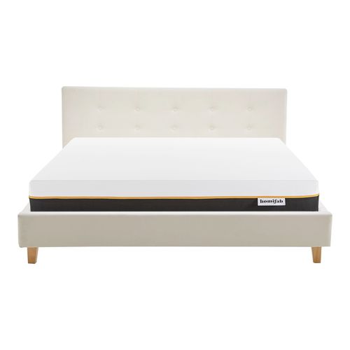 Ensemble Lit adulte 160x200cm avec tête de lit en velours beige - Milo + Matelas mémoire de forme - Dual Confort
