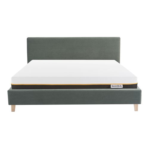 Ensemble Lit adulte 180x200cm avec tête de lit en velours côtelé vert kaki - Milo + Matelas mémoire de forme - Dual Confort